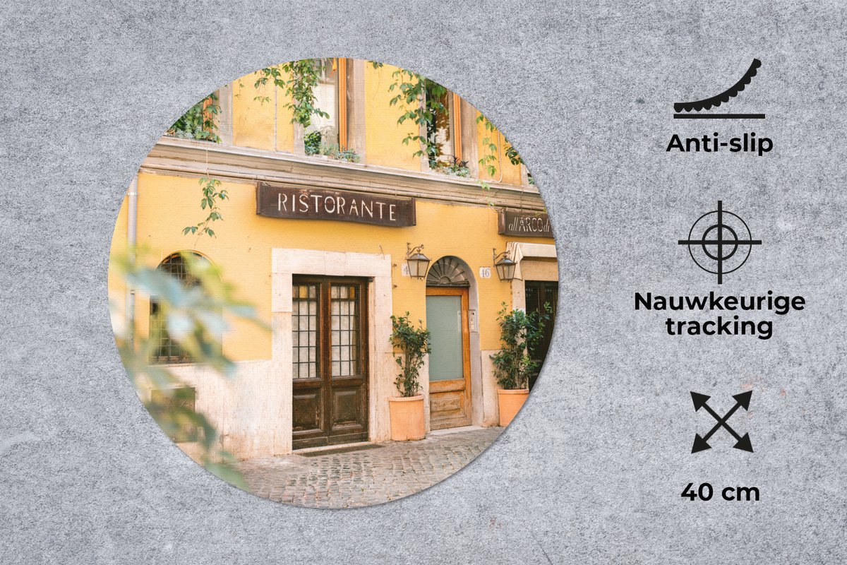 Muismat rond 40x40 cm - Mousepad Rome - Restaurant - Geel - Planten - Deur - Ronde muismatten