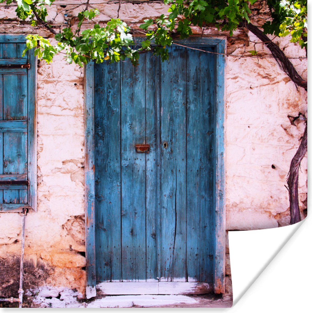 Vintage - Deur - Huis - Blauw - Boom