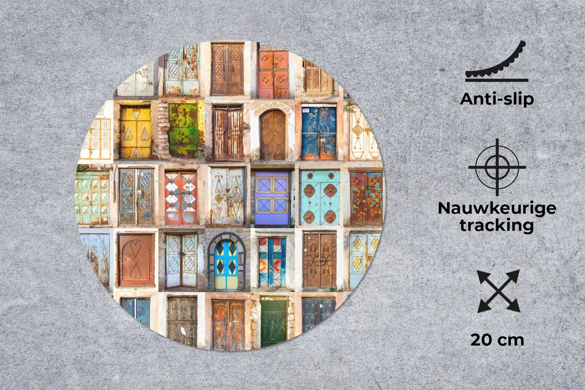 Muismat rond 20x20 cm - Mousepad Deuren - Architectuur - Vintage - Collage - Ronde muismatten