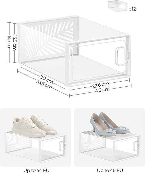 PANOONA Transparante schoenendoos, 6 stuks, opbergdoos, stapelbaar voor basketbalcollecties, hoge hakken, transparant en wit, containers voor dames/heren organizer (33 x 28 x 21 cm