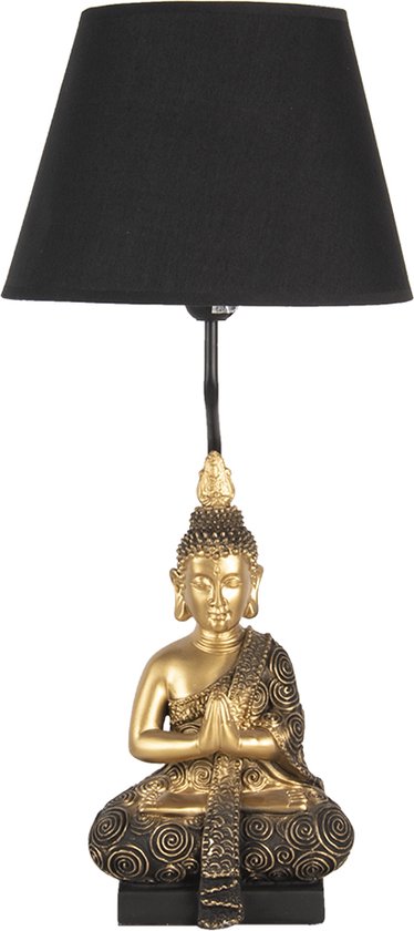 HAES DECO - Tafellamp - Dramatic Chic - Goudkleurige Boeddha, formaat Ø 28x60 cm - Zwart / Goudkleurig Polyresin - Bureaulamp, Sfeerlamp, Nachtlampje