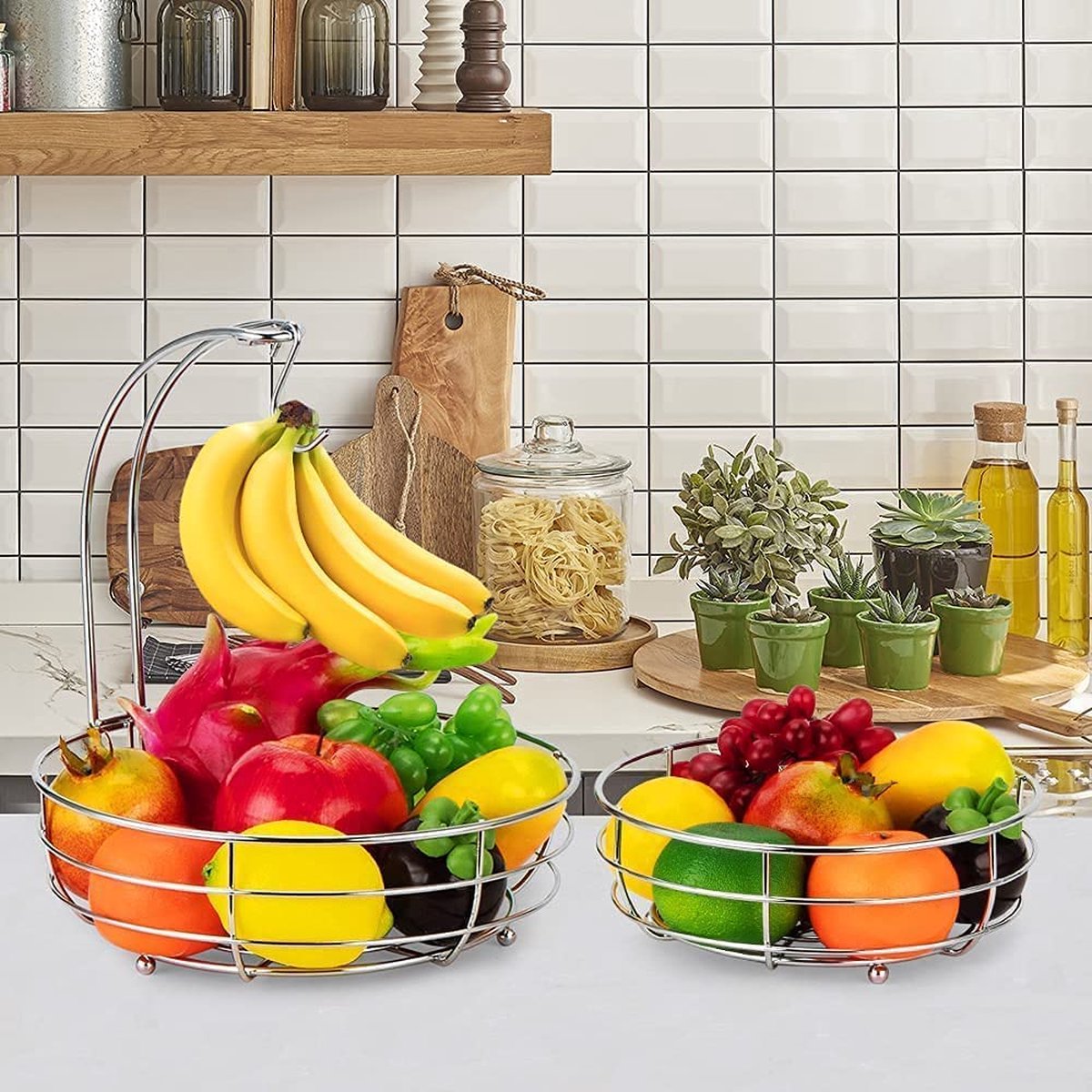 Corbeille à Fruits Vintage Deux Niveaux Métal Argenté Feuilles De Palmier