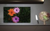 Inductieplaat Beschermer - Bovenaanzicht van Roze en Oranje Spaanse Margietjes Bloemen in de Struiken - 80x52 cm - 2 mm Dik - Inductie Beschermer van Vinyl