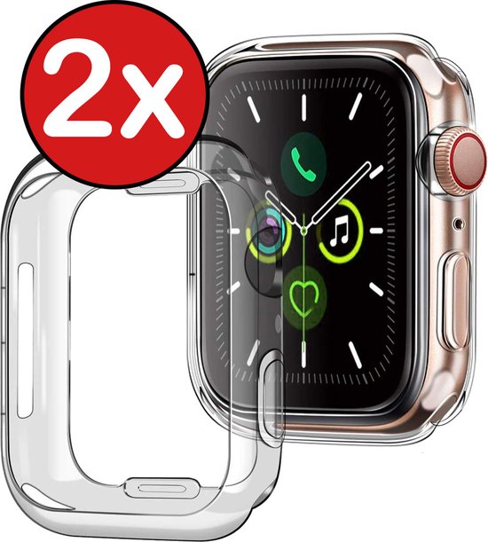 Twee transparante Apple Watch Series 6 hoesjes, waarvan één op een rosé gouden Apple Watch.