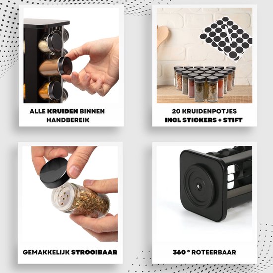 Kruidenrek staand - Kruidenrek met potjes - Zwart - RVS - Kruidenrek draaibaar - 20 Kruidenpotjes - Inclusief stickers & stift - Kruiden Carrousel