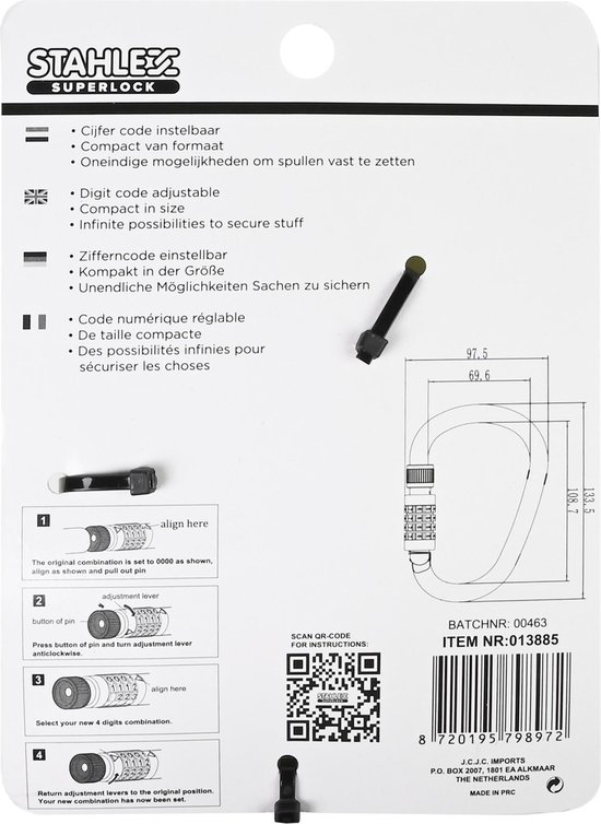 Cadenas à combinaison Benson Cable Lobster - 133,5 x 97,5 mm - Compact - Zwart