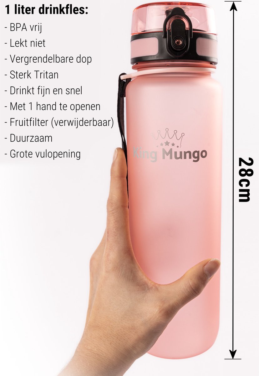 King Mungo Drinkfles 1 Liter Lichtroze - Sport Bidon 1000ml thumbnail 2