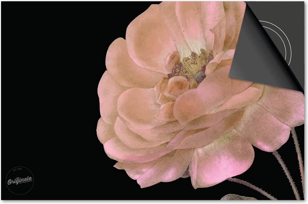 Inductie beschermer 77x51 - afdekplaat inductie mat - Dietrix Kookplaat beschermer - Base - Botanical - Roze bloem op zwart