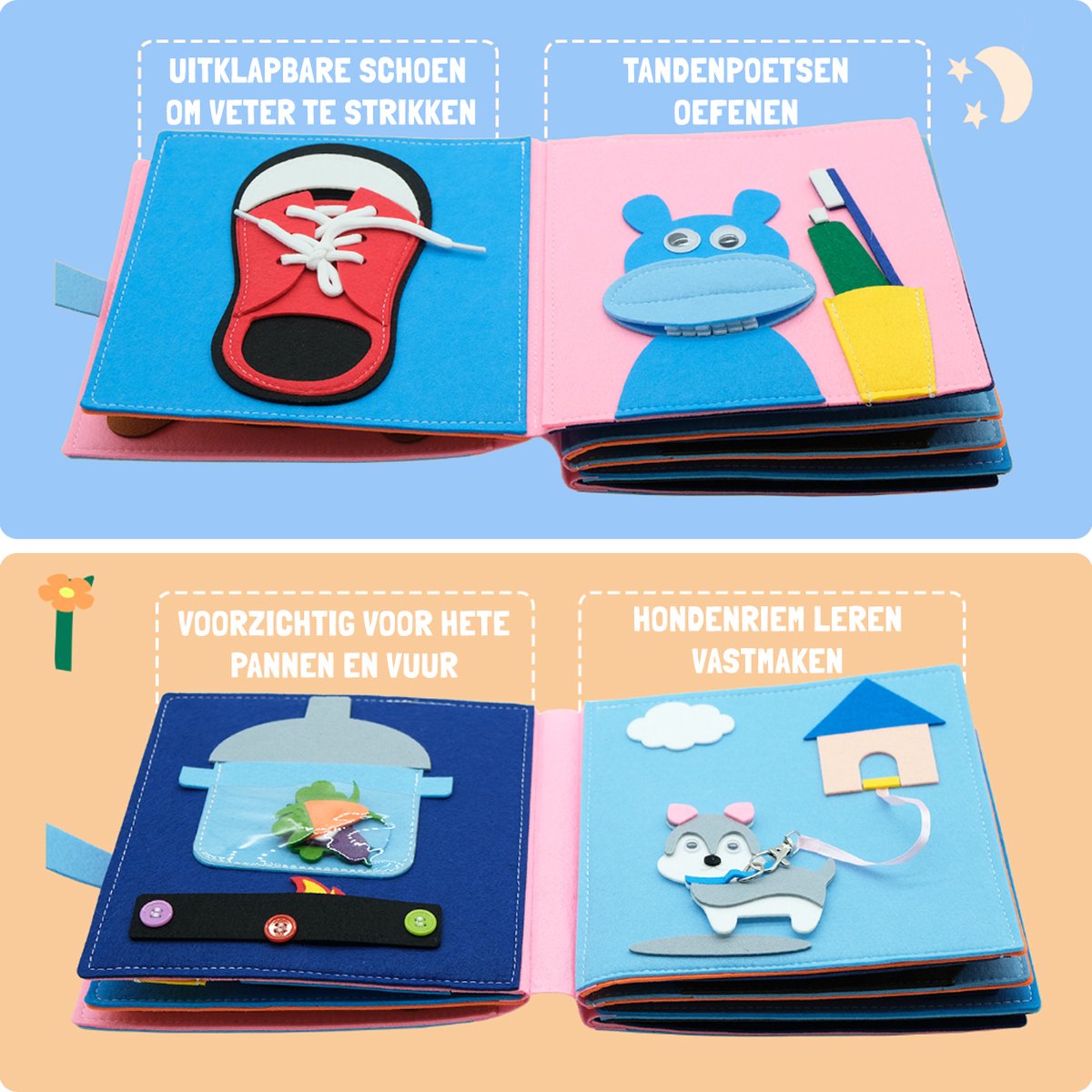 WoodyDoody Motoriek Leerboek xxl Grote uitvoering en extra Dikke Versie 16 Pagina's - Educatief Spel - Sensorisch Speelgoed - Activiteiten Motoriek Map - Ik Leer Kloklezen - Motoriek Speelgoed - Gespen Vast - Montessori Speelgoed - Busy Board — afbeelding 6
