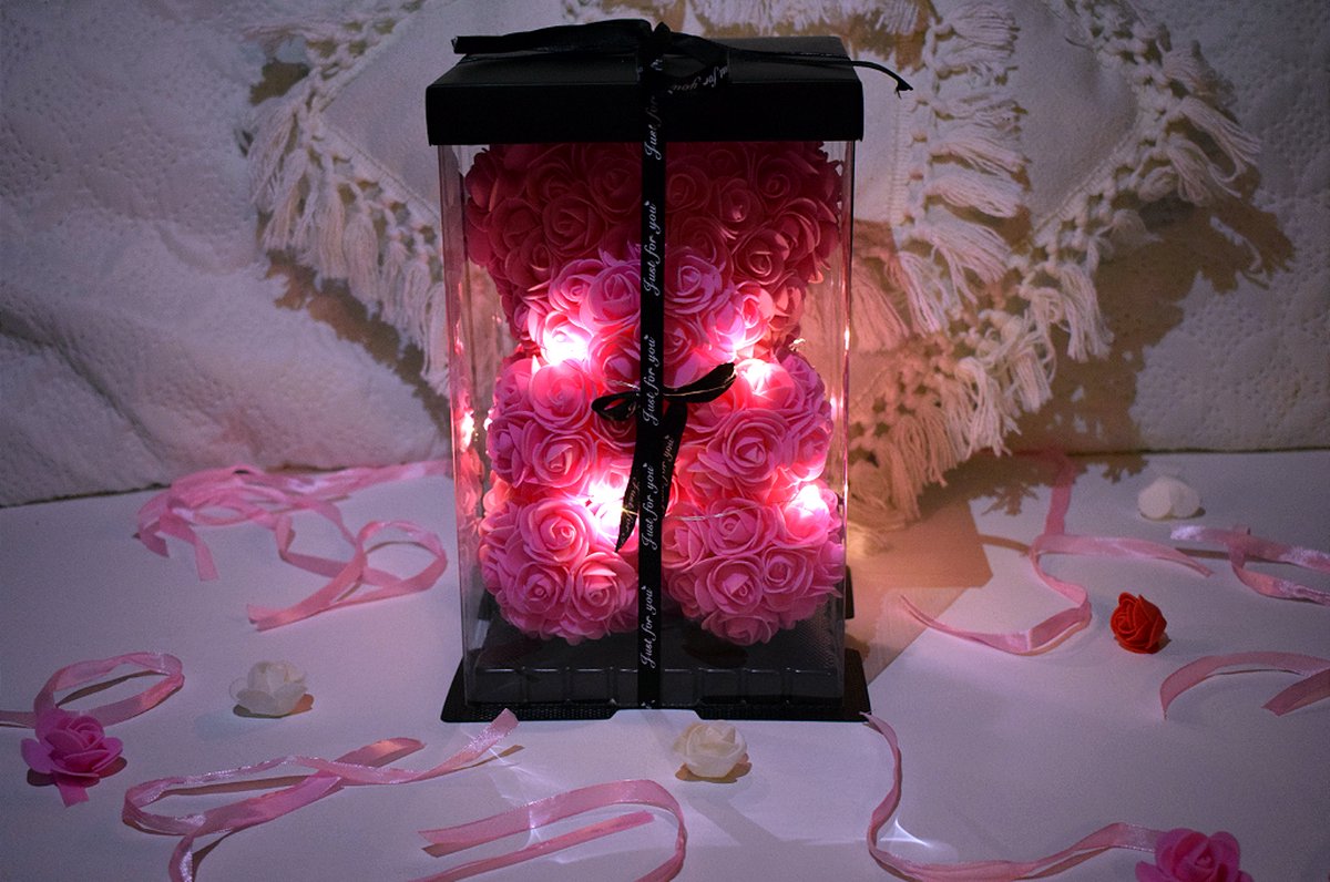 Shopping4All Rose bear- Rozen beer Rozenbeer Valentijn cadeautje vrouw- Moederdag cadeautje- Teddy beer- 25 cm- Giftbox- LED verlichting- Roze