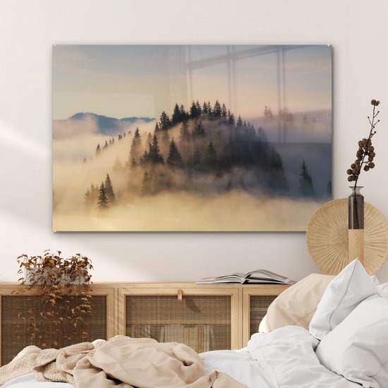 MuchoWow® Peinture sur verre 90x60 cm - Peinture sur verre acrylique - Lever de soleil brumeux dans les montagnes en été - Photo sur verre - Peintures