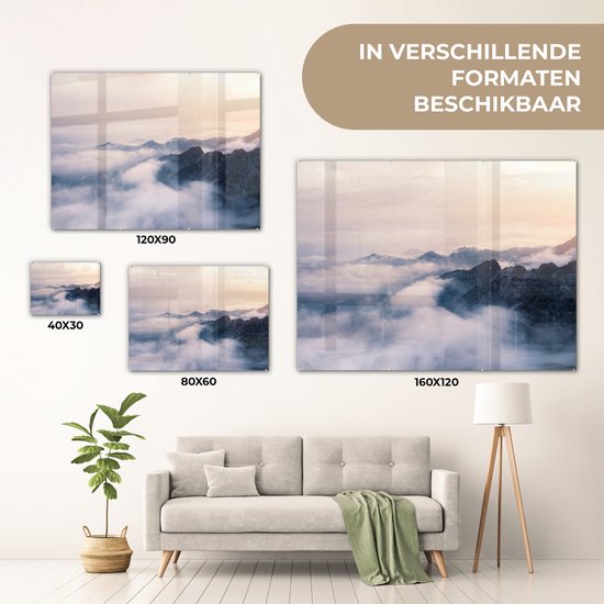 MuchoWow® Peinture sur verre 160x120 cm - Peinture sur verre acrylique - Le brouillard passe sur une chaîne de montagnes - Photo sur verre - Peintures