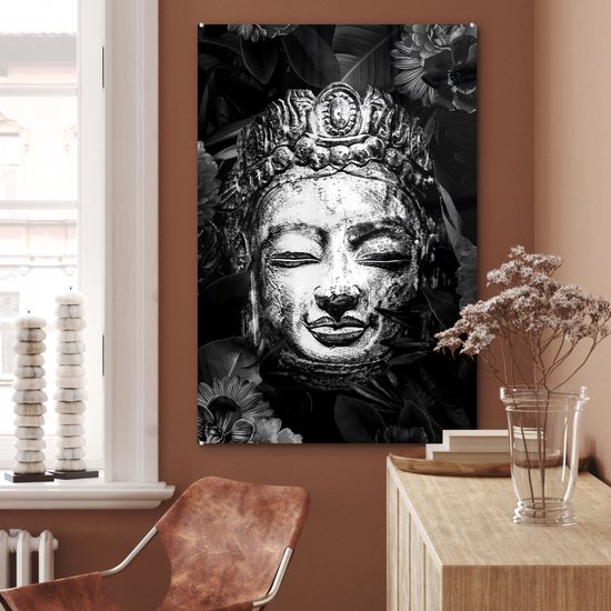 MuchoWow® Peinture sur verre 80x120 cm - Peinture sur verre acrylique - Tête brute de Bouddha avec fleurs et feuilles - noir et blanc - Photo sur verre - Peintures