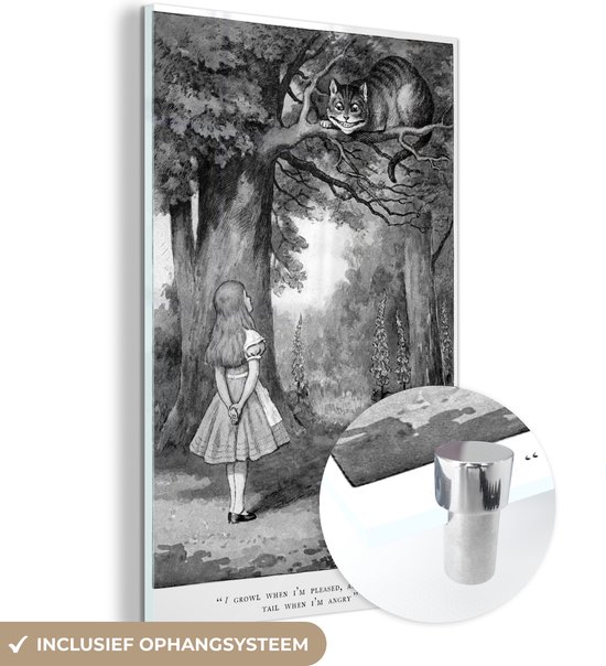 MuchoWow® Glasschilderij 20x30 cm - Schilderij acrylglas - Vintage illustratie Alice en de kolderkat - zwart wit - Foto op glas - Schilderijen