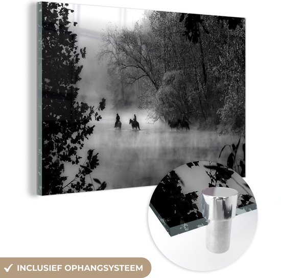 MuchoWow® Peinture sur Verre - Paarden - Brouillard - Forêt - 120x80 cm - Peintures sur Verre Peintures - Photo sur Glas