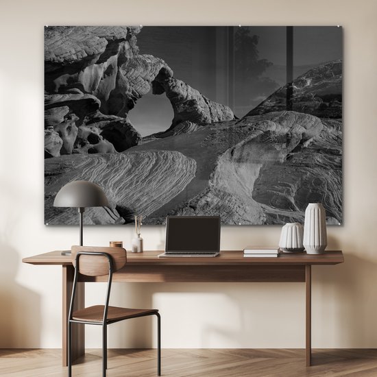 MuchoWow® Peinture sur verre 150x100 cm - Peinture sur verre acrylique - Rochers de grès - noir et blanc - Photo sur verre - Peintures