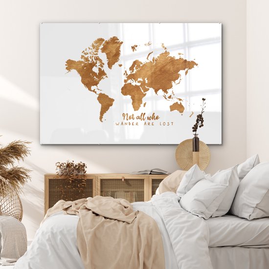 Peinture sur Verre - Carte du Wereldkaart - Bronze - Corde - 180x120 cm - Peintures sur Verre Peintures - Photo sur Glas