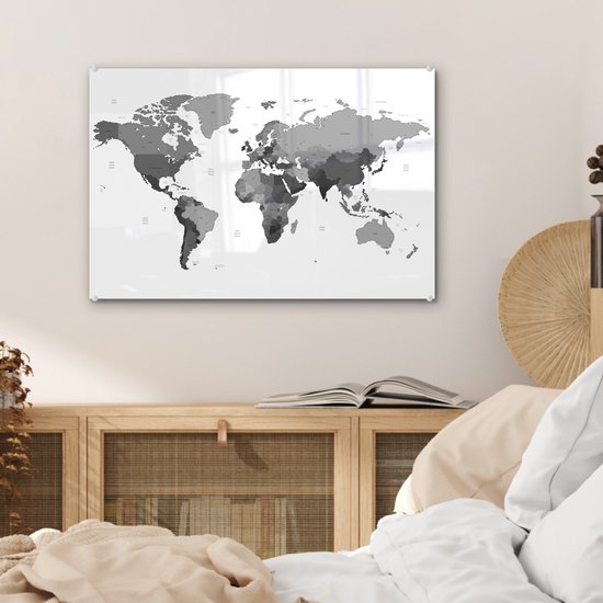 Peinture sur verre - Mappemonde rouge sur fond blanc - noir et blanc - 60x40 cm - Peintures Plexiglas