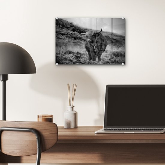 MuchoWow® Peinture sur verre 30x20 cm - Peinture acrylique sur verre - Highlander écossais sur une colline - noir et blanc - Photo sur verre - Peintures
