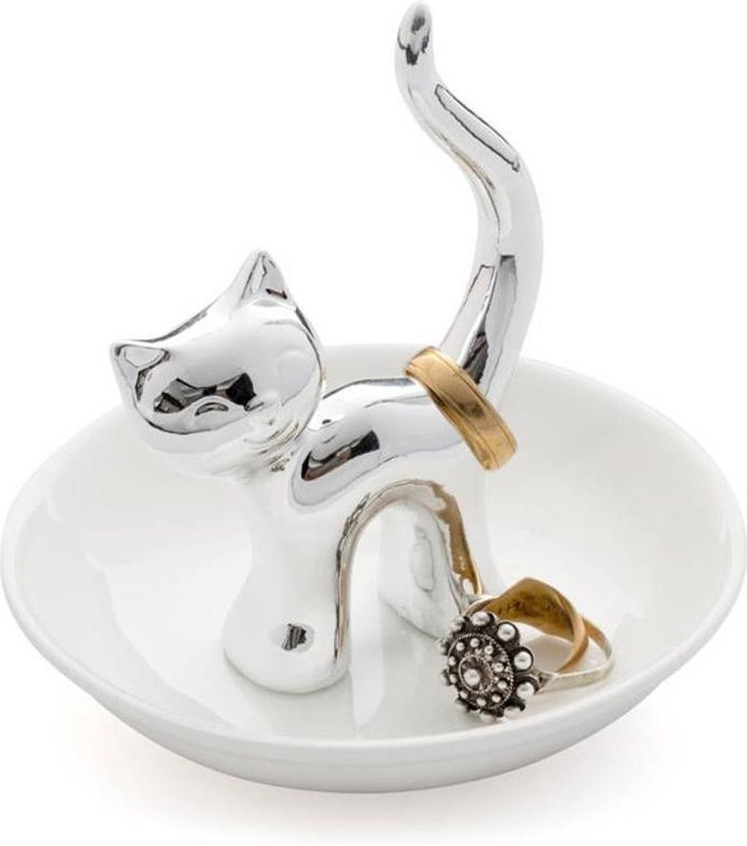Balvi ringhouder kat op schaaltje Gatto wit met zilver