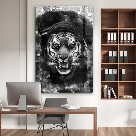 MuchoWow® Glasschilderij 100x150 cm - Schilderij acrylglas - Tijger met een capuchon op een achtergrond van kranten - zwart wit - Foto op glas - Schilderijen
