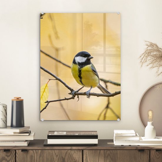 MuchoWow - Glasschilderij - Vogel - Koolmees - Geel - Takken - Blad - Acrylglas - Foto op glas - 30x40 cm - Glasschilderij vogels - Wanddecoratie - Glasschilderij natuur