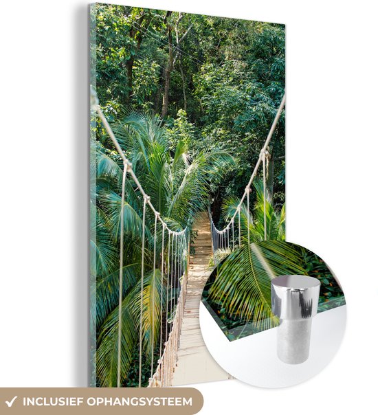 MuchoWow® Glasschilderij 100x150 cm - Schilderij acrylglas - Jungle - Palmboom - Brug - Natuur - Planten - Foto op glas - Schilderijen