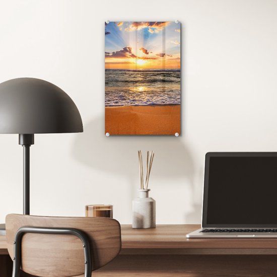 Peinture sur verre - Photo sur verre - Coucher de soleil - Plage - Mer - Nuages ​​- Peinture de plage - Plaque acrylique - Décoration murale - Peinture sur Glas - Verre acrylique - 20x30 cm - Peintures de salon
