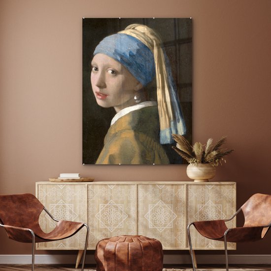 MuchoWow® Peinture sur Verre - Fille à la Perle - Peinture de Johannes Vermeer - 90x120 cm - Peintures sur Verre Acrylique - Photo sur Glas