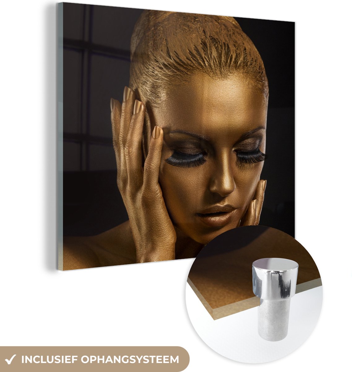 MuchoWow® Glasschilderij 50x50 cm - Schilderij acrylglas - Vrouw - Goud - Verf - Foto op g
