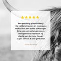 Close-up van een Schotse Hooglander met tekst en sterren.
