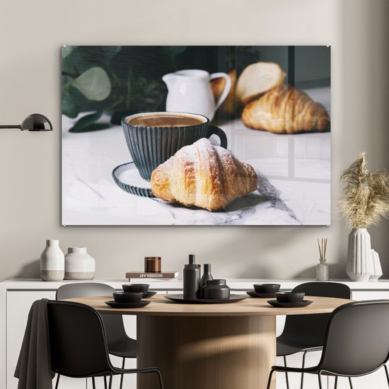 MuchoWow® Peinture sur verre 90x60 cm - Peinture sur verre acrylique - Croissant avec une tasse de café - Photo sur verre - Peintures