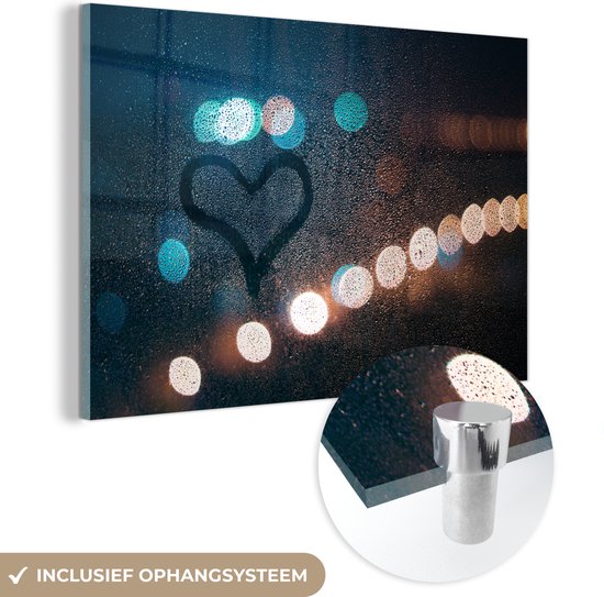 MuchoWow® Glasschilderij - Hartje - Condens - Licht - Acrylglas Schilderijen - Foto op Glas