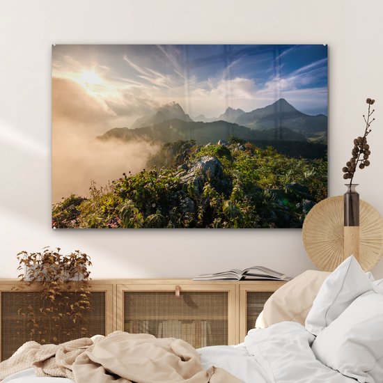 MuchoWow® Peinture sur Verre - Berg dans la brume - 90x60 cm - Peintures sur Verre Acrylique - Photo sur Glas