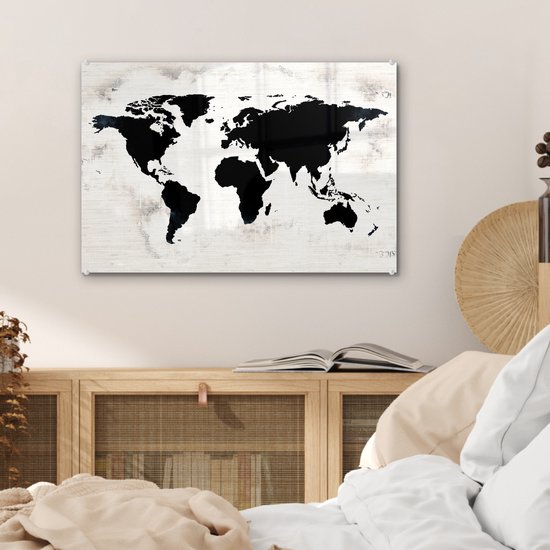 Peinture sur Verre - Carte du Wereldkaart - Zwart - Bois - 60x40 cm - Peintures sur Verre Peintures - Photo sur Glas