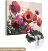 MuchoWow® Glasschilderij 120x90 cm - Schilderij acrylglas - Roze en oranje boterbloemen - Foto op glas - Schilderijen