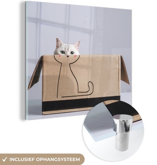 MuchoWow® Glasschilderij 90x90 cm - Schilderij acrylglas - Kat in kartonnen doos met daarop getekend lichaam van kat - Foto op glas - Schilderijen