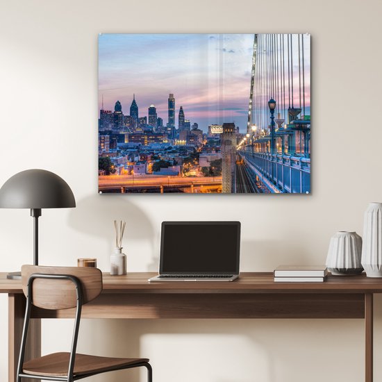 Le coucher de soleil de Philadelphie aux Etats-Unis vu du pont Benjamin Franklin Plexiglas 80x60 cm - Tirage photo sur Glas (décoration murale en plexiglas)