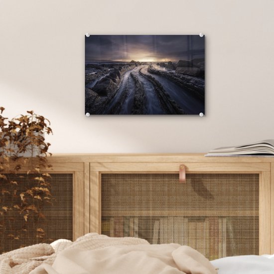 MuchoWow® Glasschilderij 30x20 cm - Schilderij acrylglas - Zee - Zand - Nacht - Foto op glas - Schilderijen