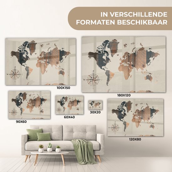 Peinture sur Verre - Carte du Wereldkaart - Planche de Bois - Rose des Vents - 120x80 cm - Peintures sur Verre Peintures - Photo sur Glas