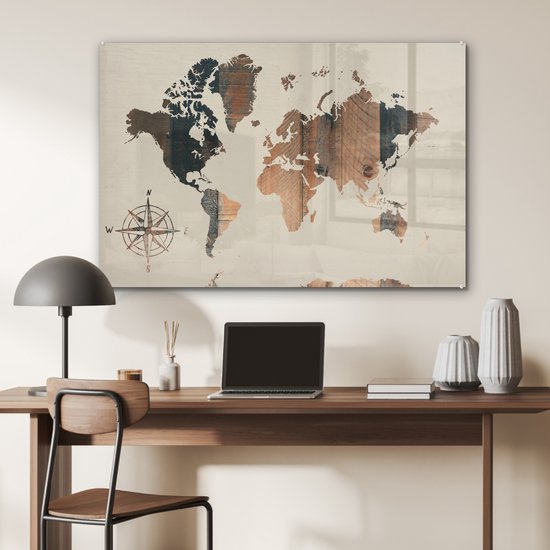 Peinture sur Verre - Carte du Wereldkaart - Planche de Bois - Rose des Vents - 120x80 cm - Peintures sur Verre Peintures - Photo sur Glas