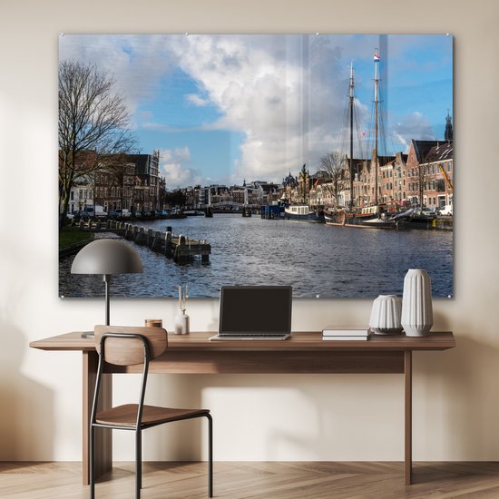 ® Glasschilderij 150x100 cm - Schilderij acrylglas - Brug - Haarlem - Centrum - Foto op glas - Muurdecoratie woonkamer - Wanddecoratie slaapkamer - Schilderijen