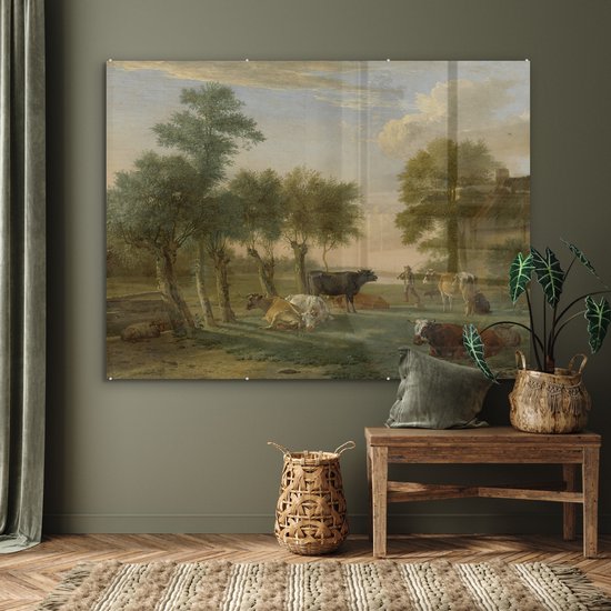 MuchoWow® Peinture sur verre 160x120 cm - Peinture sur verre acrylique - Vaches dans le pré dans une ferme - Peinture de Paulus Potter - Photo sur verre - Peintures