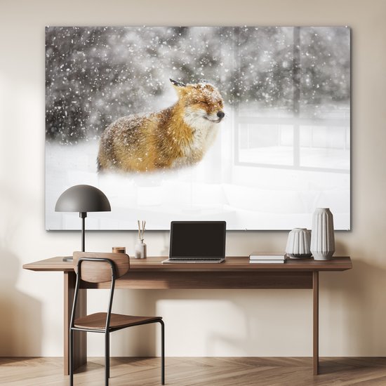 MuchoWow® Peinture sur verre 150x100 cm - Peinture sur verre acrylique - Renard - Neige - Storm - Photo sur verre - Peintures