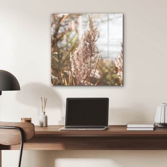 MuchoWow® Peinture sur verre 50x50 cm - Peinture sur verre acrylique - Roseau - Soleil - Plante - Photo sur verre - Peintures