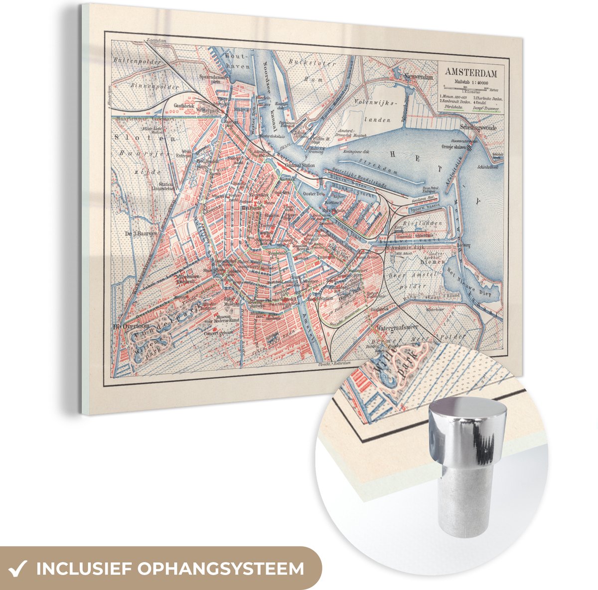 MuchoWow® Glasschilderij - Illustratie van een stadsplattegrond van Amsterdam - 90x60 cm - Acrylglas Schilderijen - Foto op Glas - MuchoWow