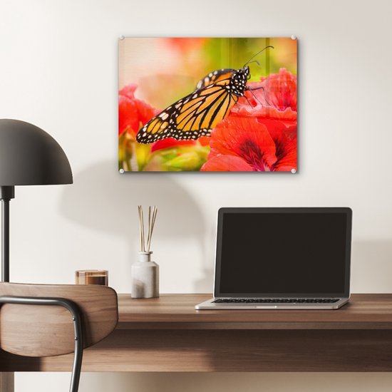 MuchoWow® Peinture sur verre 40x30 cm - Peinture acrylique sur verre - Fleurs - Papillons - Monarque - Photo sur verre - Peintures