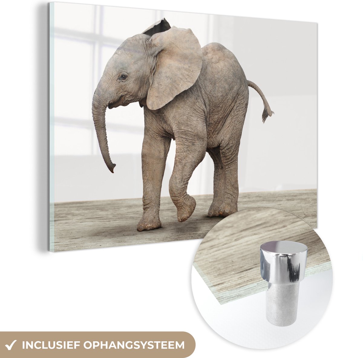 MuchoWow® Glasschilderij 120x80 cm - Schilderij acrylglas - Baby olifant - Dieren - Olifant - Kinderen - Meiden - Jongens - Foto op glas - Schilderijen