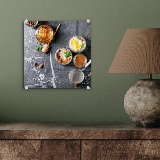 MuchoWow® Peinture sur Verre - Miel - Épices - Cuisine - Marbre - 20x20 cm - Peintures sur Verre Acrylique - Photo sur Glas