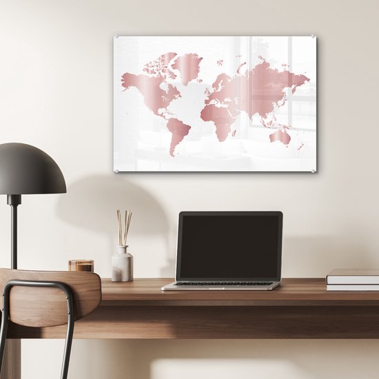 Tableau sur verre MuchoWow® 60x40 cm - Tableau sur verre acrylique - Wereldkaart - Rose - Enfants - Garçons - Filles - Photo sur verre - Décoration murale salon - Décoration murale chambre - Peintures